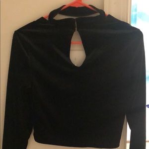 Black velvet long sleeve crop top.
